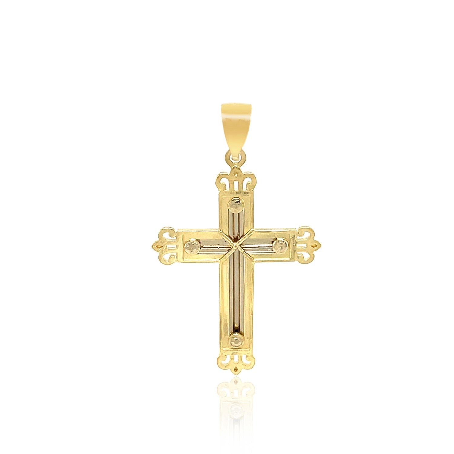 14k Two-Tone Gold Cross Pendant with an Ornate Budded Style - DestGlow