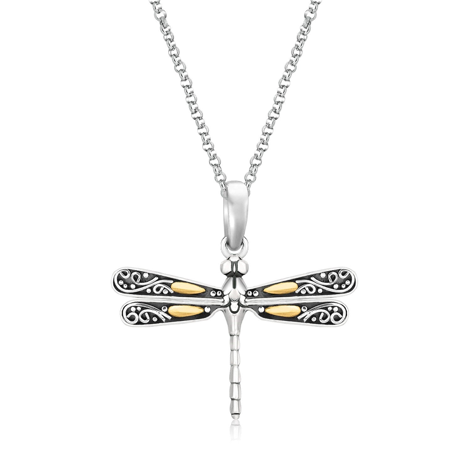 18k Yellow Gold and Sterling Silver Pendant in a Dragonfly Design - DestGlow