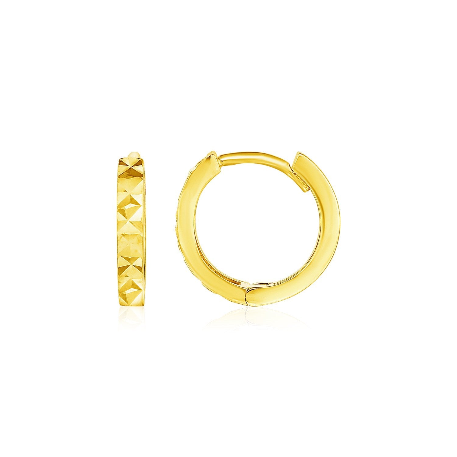 14k Yellow Gold Petite Round Hoop Earrings with Geometric Texture by Avera Group
