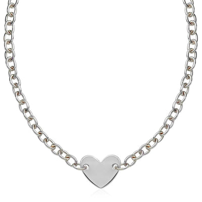Sterling Silver Rhodium Plated Chain Bracelet with a Flat Heart Motif Station - DestGlow
