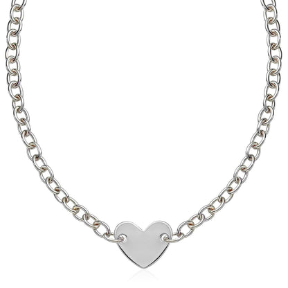 Sterling Silver Rhodium Plated Chain Bracelet with a Flat Heart Motif Station - DestGlow