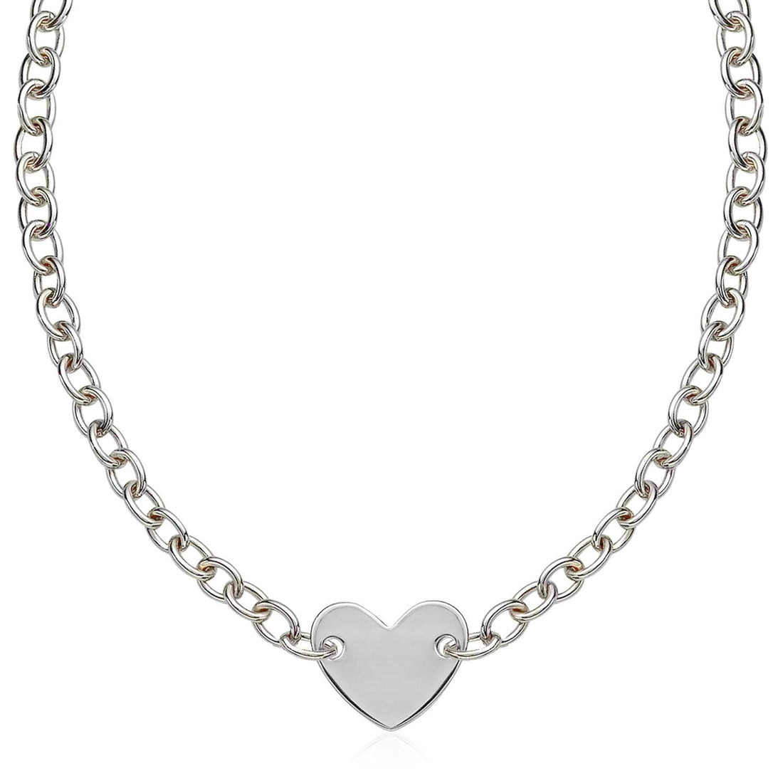 Sterling Silver Rhodium Plated Chain Bracelet with a Flat Heart Motif Station 