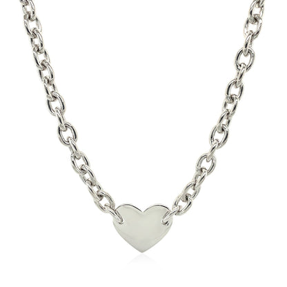 Sterling Silver Rhodium Plated Chain Bracelet with a Flat Heart Motif Station - DestGlow