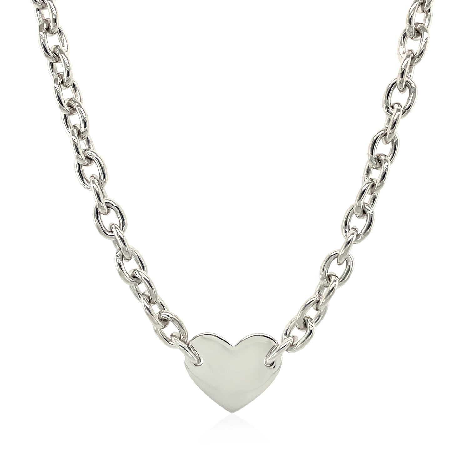 Sterling Silver Rhodium Plated Chain Bracelet with a Flat Heart Motif Station by Bids.com