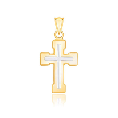 14k Two-Tone Gold Dual Cross Design Pendant with Block Ends  DestGlow