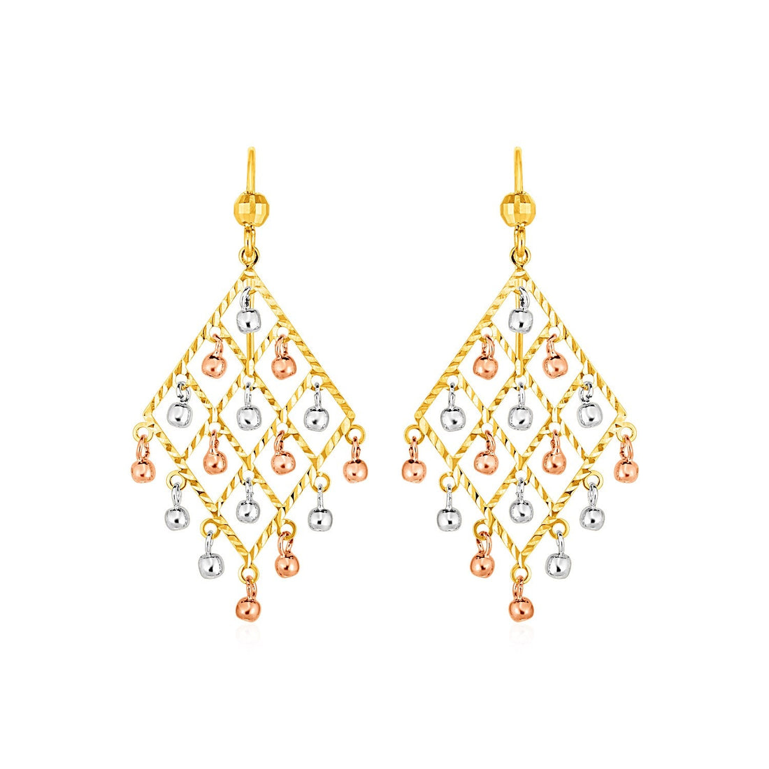 Textured Chandelier Earrings with Ball Drops in 14k Tri Color Gold - DestGlow