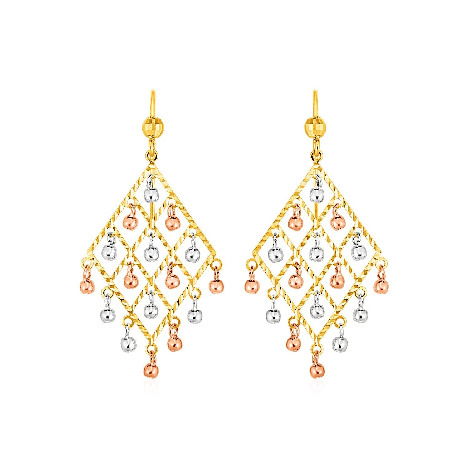 Textured Chandelier Earrings with Ball Drops in 14k Tri Color Gold - DestGlow