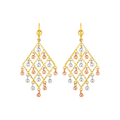 Textured Chandelier Earrings with Ball Drops in 14k Tri Color Gold - DestGlow