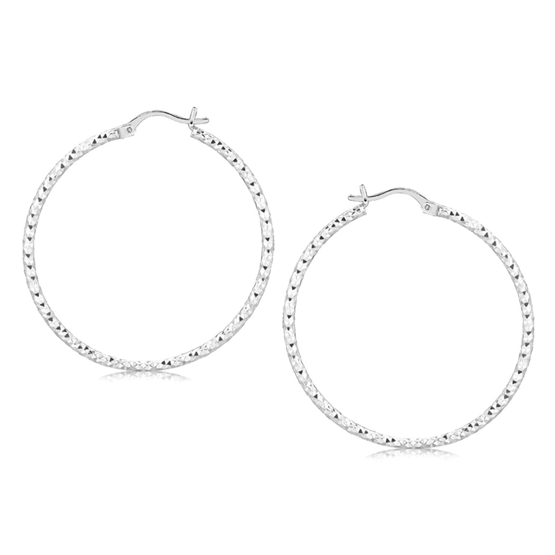 Sterling Silver Rhodium Plated Large Faceted Style Hoop Earrings(2x40mm) - DestGlow