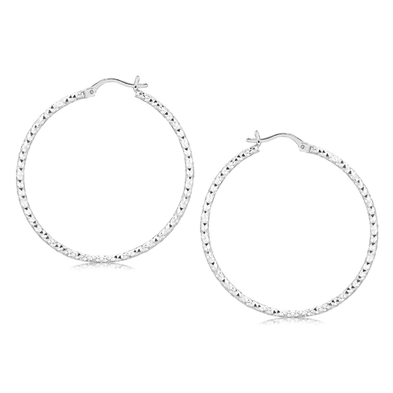Sterling Silver Rhodium Plated Large Faceted Style Hoop Earrings(2x40mm) - DestGlow