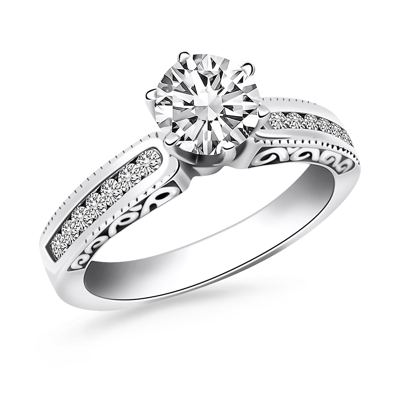 14k White Gold Channel Set Engagement Ring with Engraved Sides by Bids.com