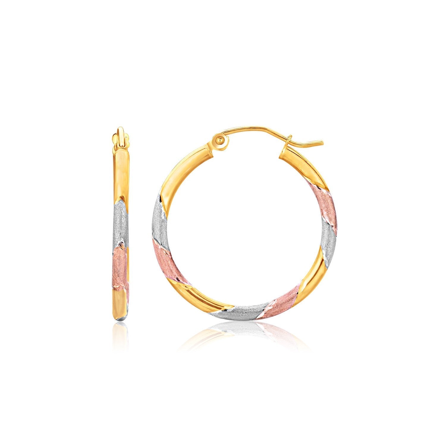 14k Tri-Color Textured Hoop Earrings (2x22mm) 