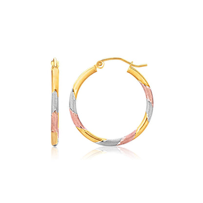 14k Tri-Color Textured Hoop Earrings (2x22mm) 