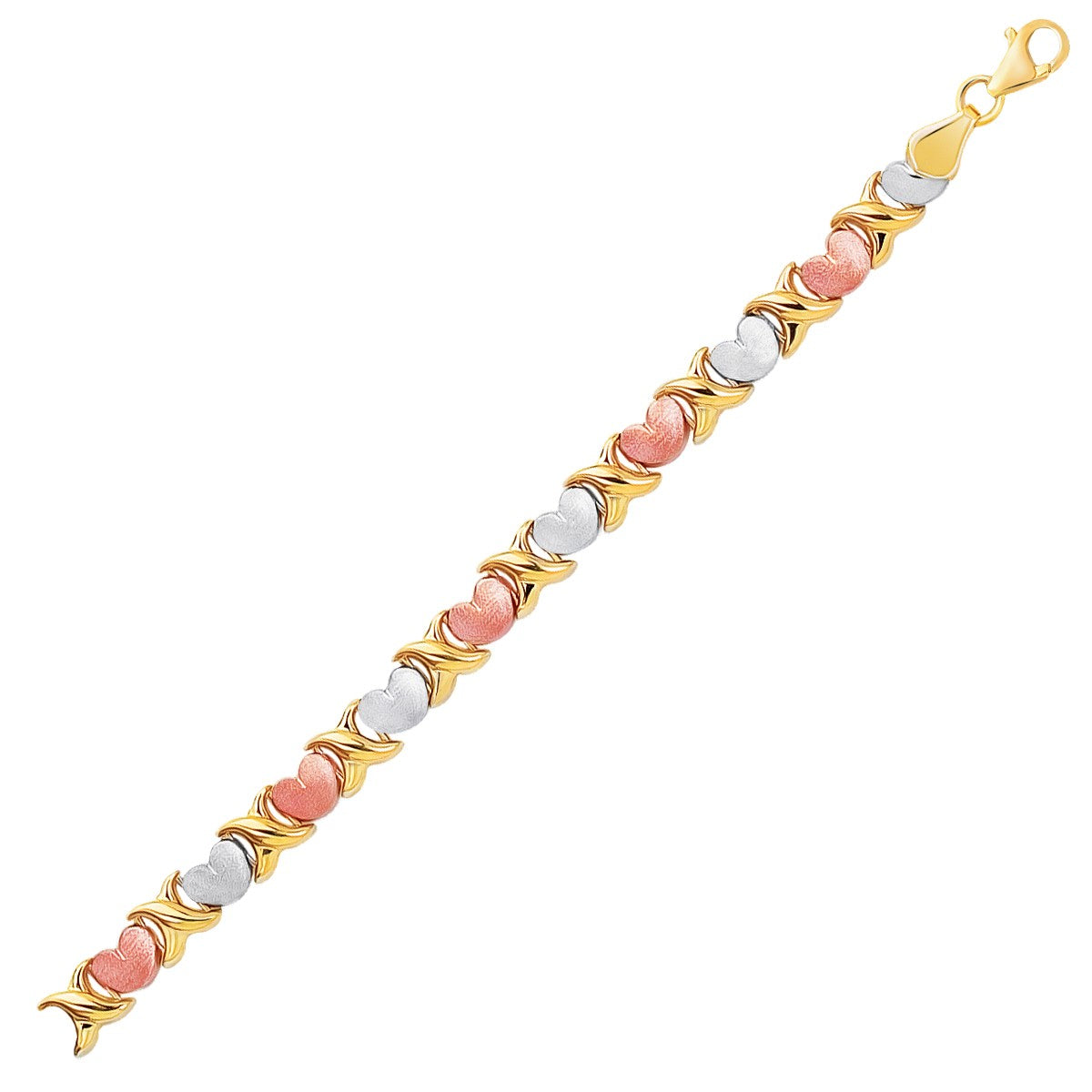 14k Tri-Color Gold Fancy Satin Heart Line Bracelet by Bids.com