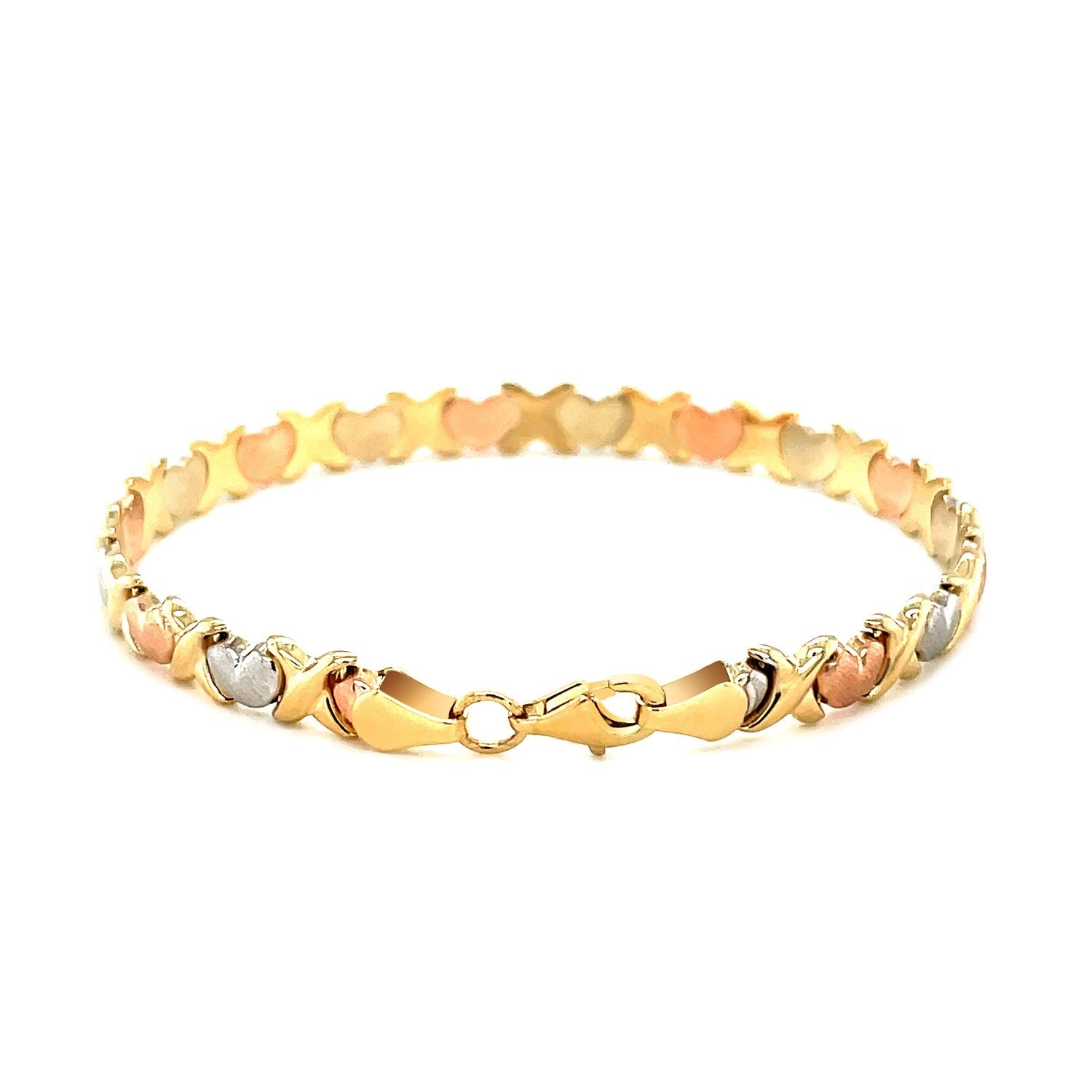 14k Tri-Color Gold Fancy Satin Heart Line Bracelet by Bids.com