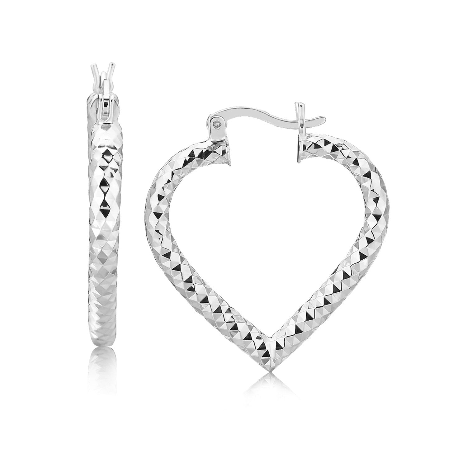 Sterling Silver Rhodium Plated Heart Style Hoop Diamond Cut Earrings(3x22mm) - DestGlow
