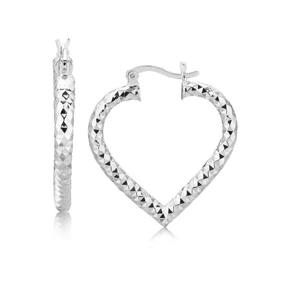 Sterling Silver Rhodium Plated Heart Style Hoop Diamond Cut Earrings 