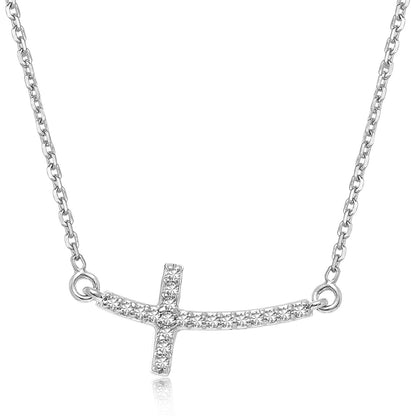 14k White Gold Curved Cross Diamond Studded Necklace (.11cttw) by Bids.com