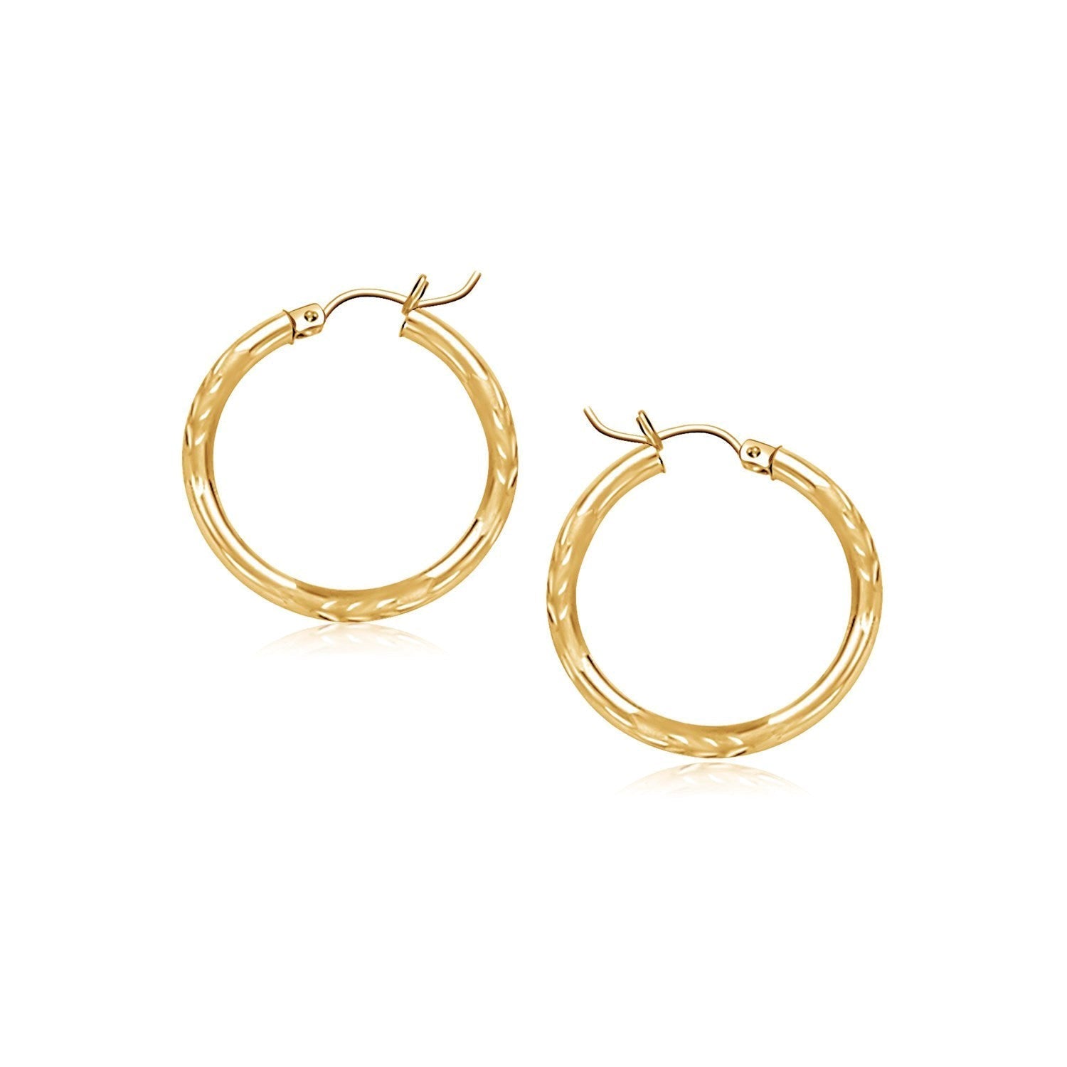 14k Yellow Gold Fancy Diamond Cut Slender Small Hoop Earrings (15mm Diameter)  DestGlow