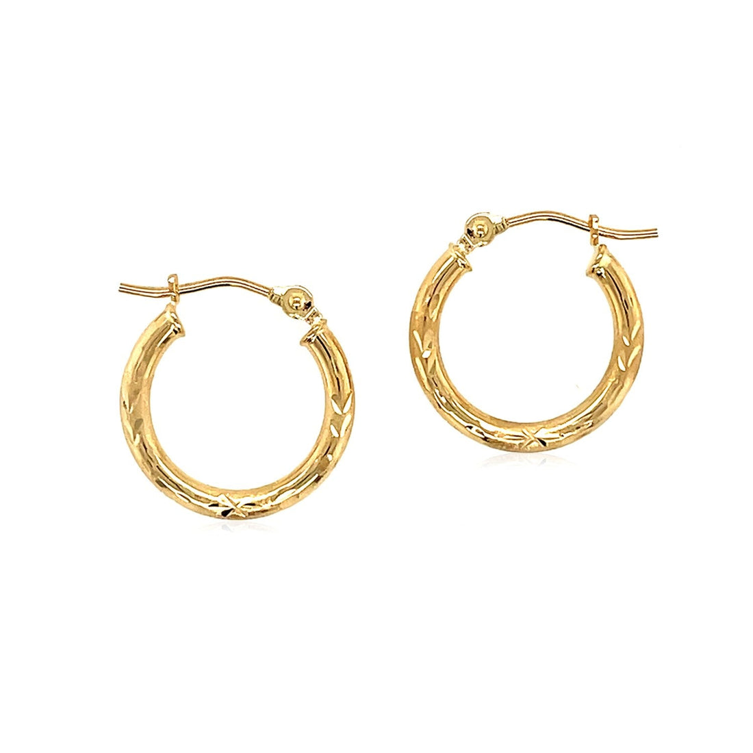 14k Yellow Gold Fancy Diamond Cut Slender Small Hoop Earrings (2x15mm) - DestGlow