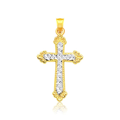 14k Two Tone Gold Diamond Cut Cross Pendant - necklaces