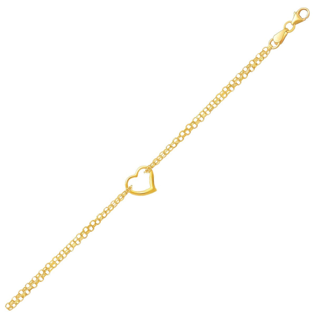 14k Yellow Gold Double Rolo Chain Anklet with an Open Heart Station 