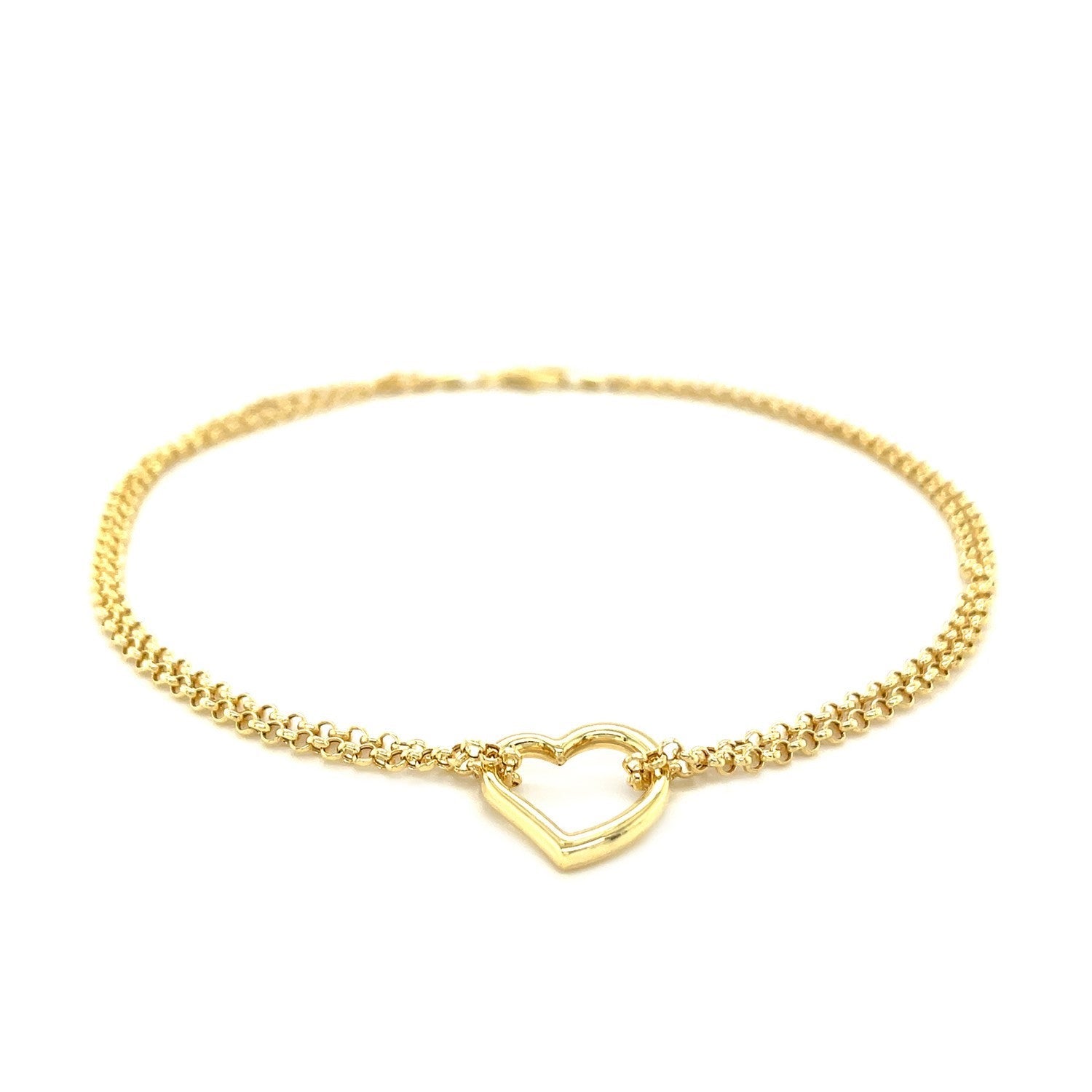 14k Yellow Gold Double Rolo Chain Anklet with an Open Heart Station - DestGlow