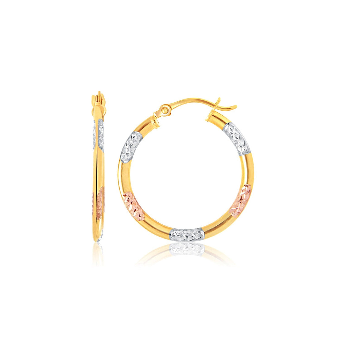 Tri-Color Hoop Earrings with Diamond Cut Accents in 14k Gold(2x15mm) - DestGlow