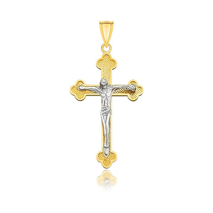14k Two-Tone Gold Small Budded Style Cross with Figure Pendant  DestGlow