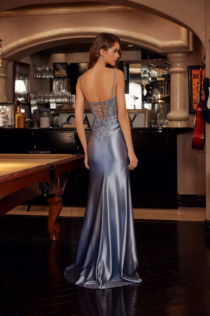Nox Anabel D1766 Shiny Satin Prom Gown Plunging V-Neckline by DiscountDressShop