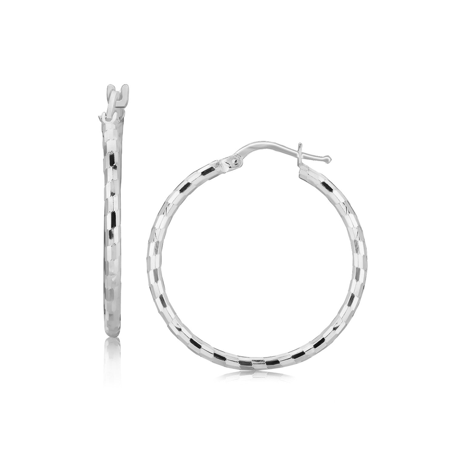 Sterling Silver Hoop Design Diamond Cut Earrings with Rhodium Plating (26mm) - DestGlow