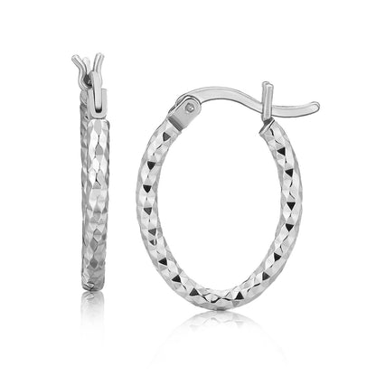 Sterling Silver Rhodium Plated Small Oval Hoop Diamond Cut Textured Earrings by Bids.com