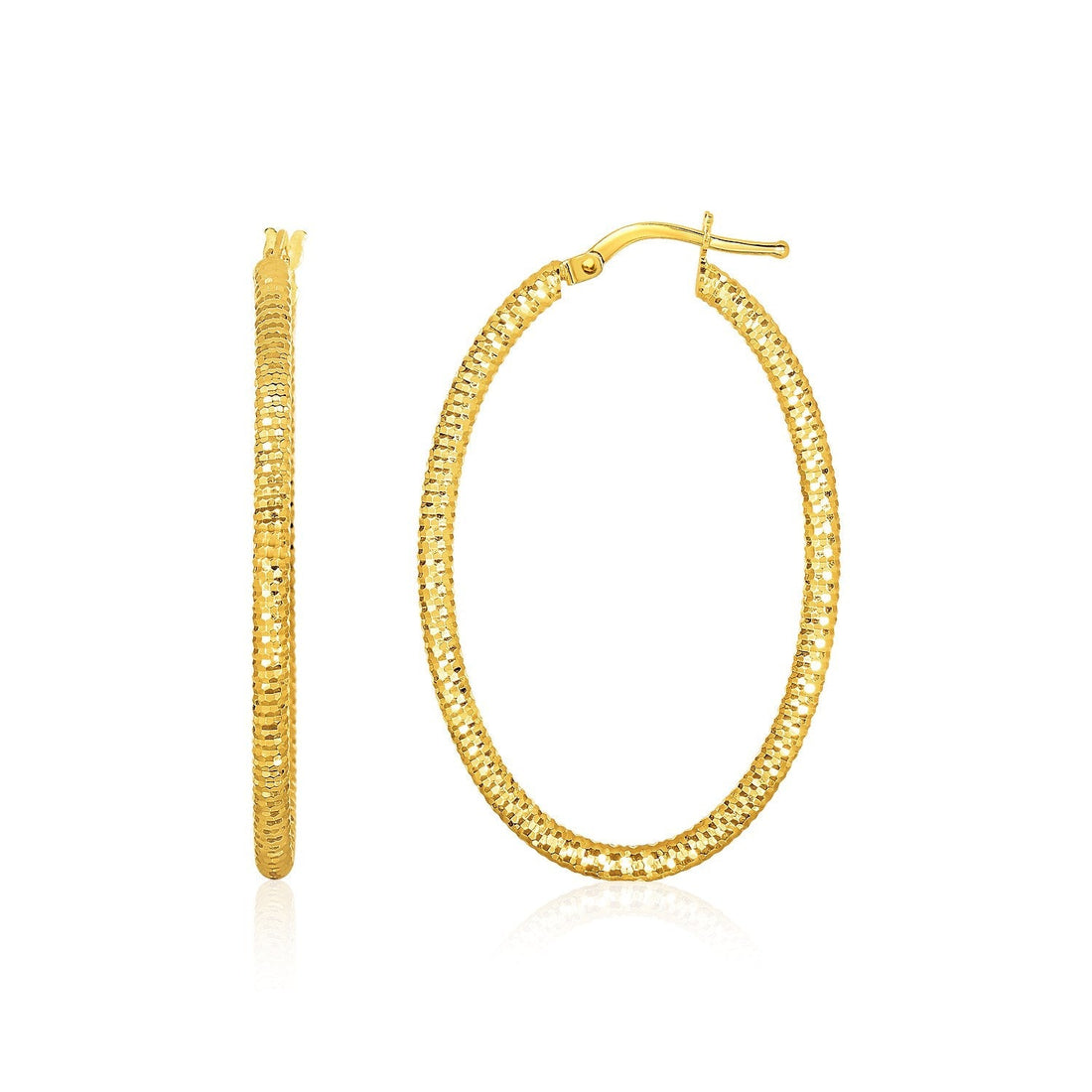 14k Yellow Gold Textured Oval Hoop Earrings(2x35mm) 