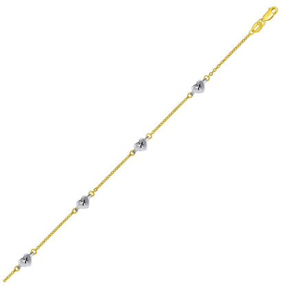 14k Two Tone Gold Anklet with Diamond Cut Heart Style Stations by Bids.com