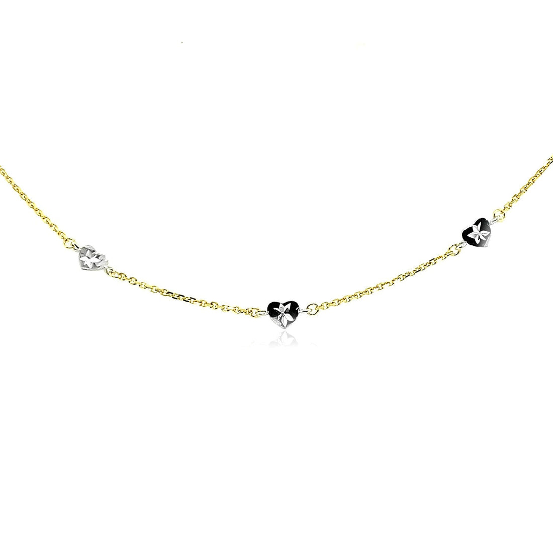 14k Two Tone Gold Anklet with Diamond Cut Heart Style Stations - DestGlow