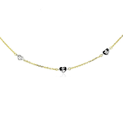 14k Two Tone Gold Anklet with Diamond Cut Heart Style Stations - DestGlow