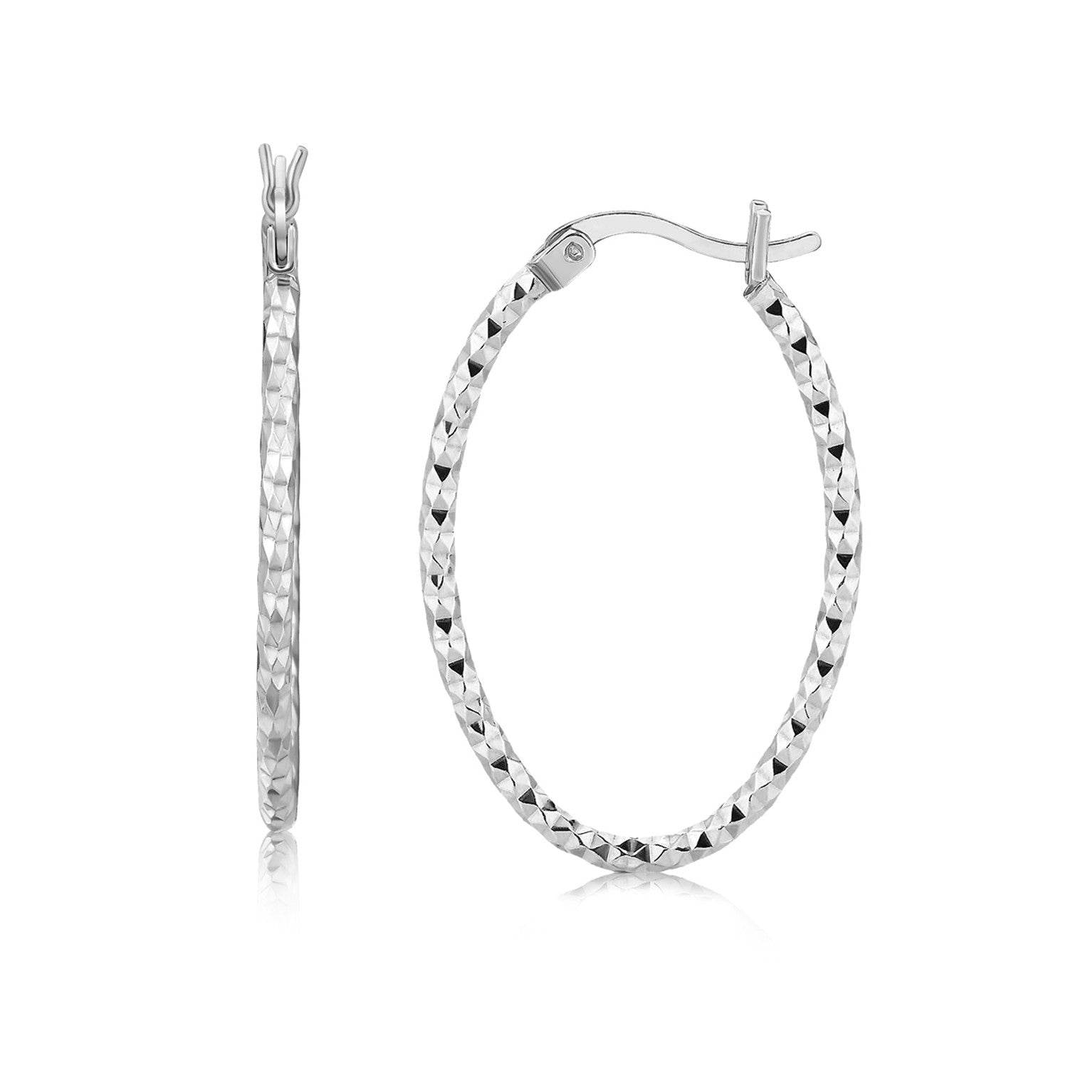 Sterling Silver Rhodium Plated Textured Diamond Cut Classic Hoop Earrings(2x25mm) - DestGlow