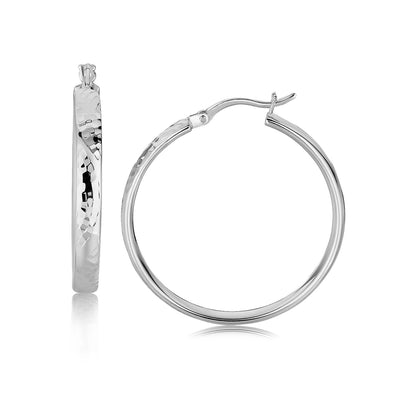 Sterling Silver Hammered Style Hoop Earrings with Rhodium Plating (4x30mm) - DestGlow