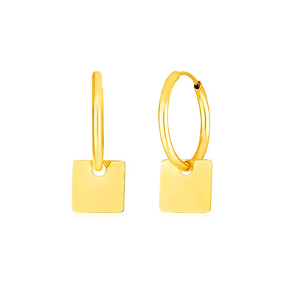 14k Yellow Gold Huggie Style Hoop Earrings with Square Drops - earrings
