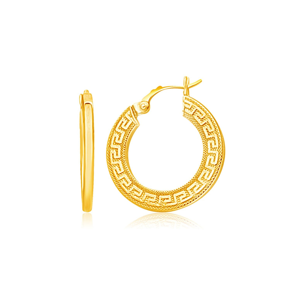14k Yellow Gold Greek Key Medium Hoop Earrings with Flat Sides - earrings