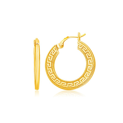 14k Yellow Gold Greek Key Medium Hoop Earrings with Flat Sides - earrings