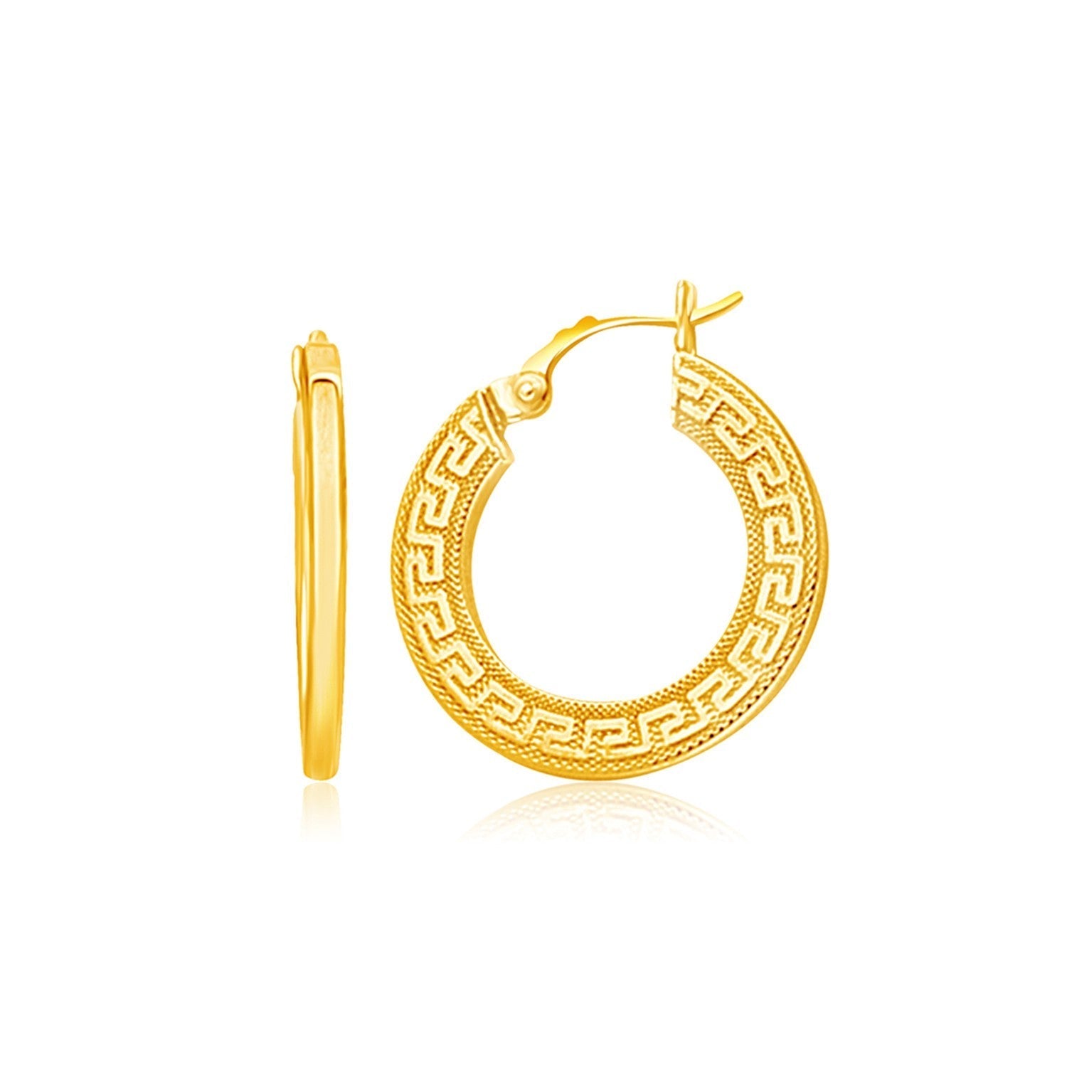 14k Yellow Gold Greek Key Medium Hoop Earrings with Flat Sides 