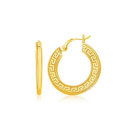 14k Yellow Gold Greek Key Medium Hoop Earrings with Flat Sides 