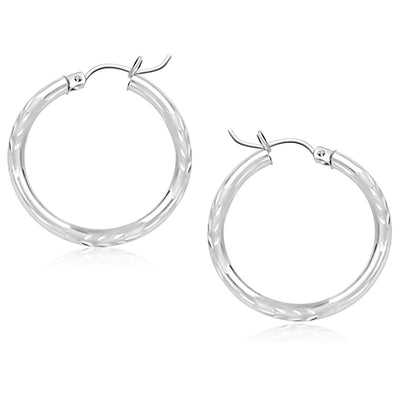 14k White Gold Diamond Cut Hoop Earrings (3x25mm) - earrings