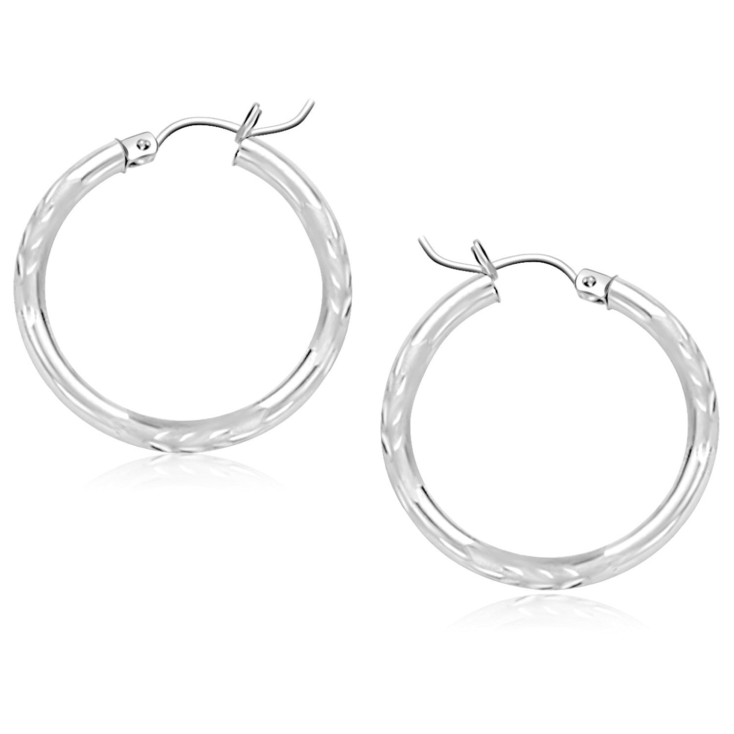 14k White Gold Diamond Cut Hoop Earrings (25 mm) - earrings