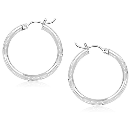14k White Gold Diamond Cut Hoop Earrings (25 mm)  DestGlow
