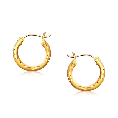 14k Yellow Gold Fancy Diamond Cut Hoop Earrings (3x15mm) - earrings