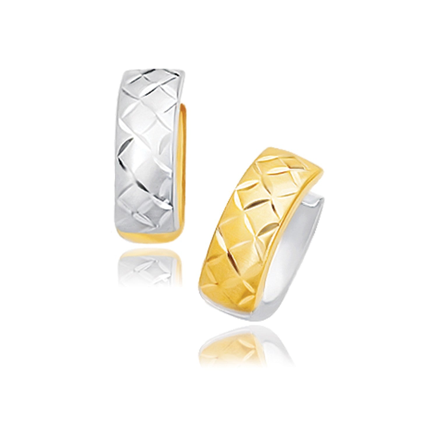 14k Two-Tone Gold Reversible Quilted Hinged Hoop Huggie Earrings by Bids.com