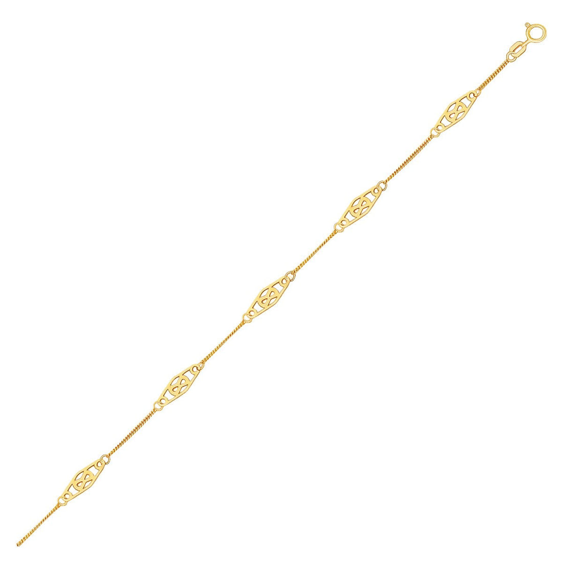 14k Yellow Gold Anklet with Fancy Diamond Shape Filigree Stations 