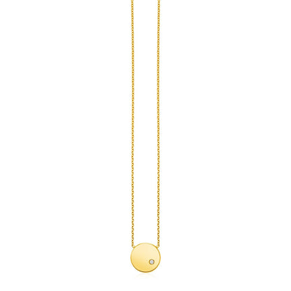 14k Yellow Gold Necklace with Polished Round Pendant with Diamond